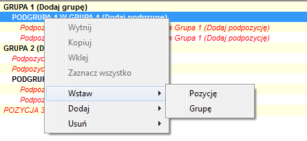 Menu kontekstowe – wstawianie Grupy