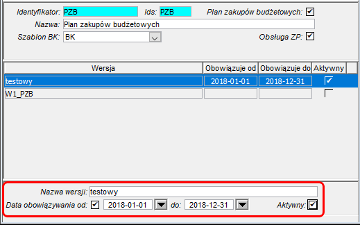 Wersja Szablonu budżetowego