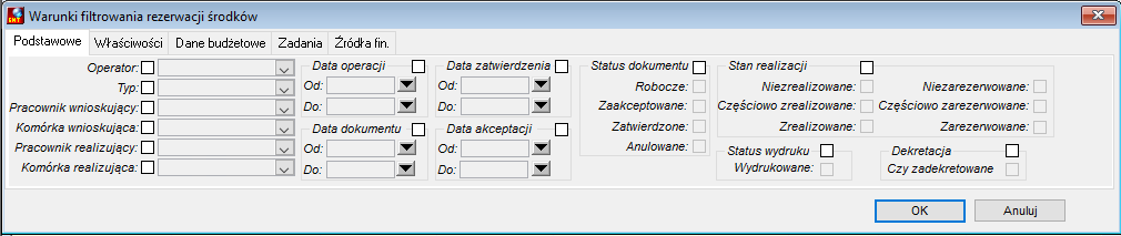 Warunki filtrowania rezerwacji środków