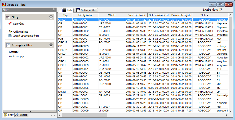 Lista operacji ZMF