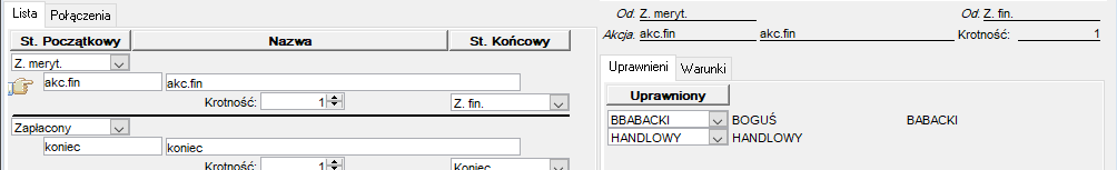 Zakładka Akcja przejścia