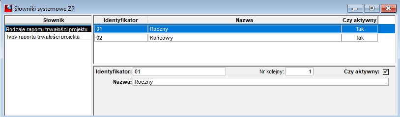 Okno Słowniki ZP