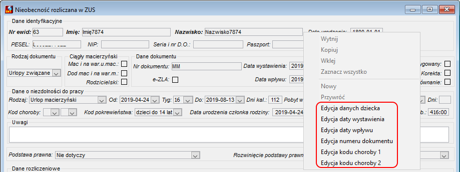 Menu podręczne w oknie Nieobecność rozliczana w ZUS