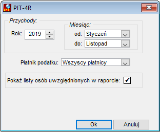 Okno uruchomienia raportu Zestawienie przychodów wg PIT-4R