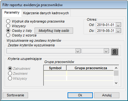 Zakładka Parametry do raportu Ewidencja pracy w szczególnych warunkach lub o szczególnym charakterze Zakładka Parametry do raportu Ewidencja pracy w szczególnych warunkach lub o szczególnym charakterze