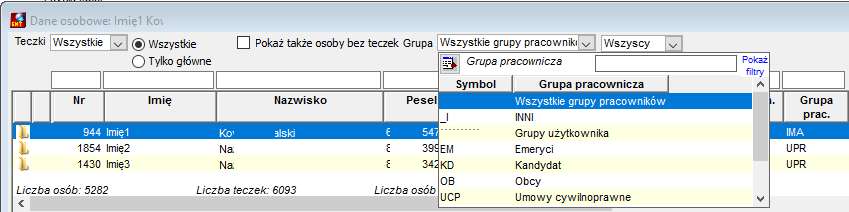 Okno Dane osobowe – Filtr: Grupa pracowników Okno Dane osobowe – Filtr: Grupa pracowników