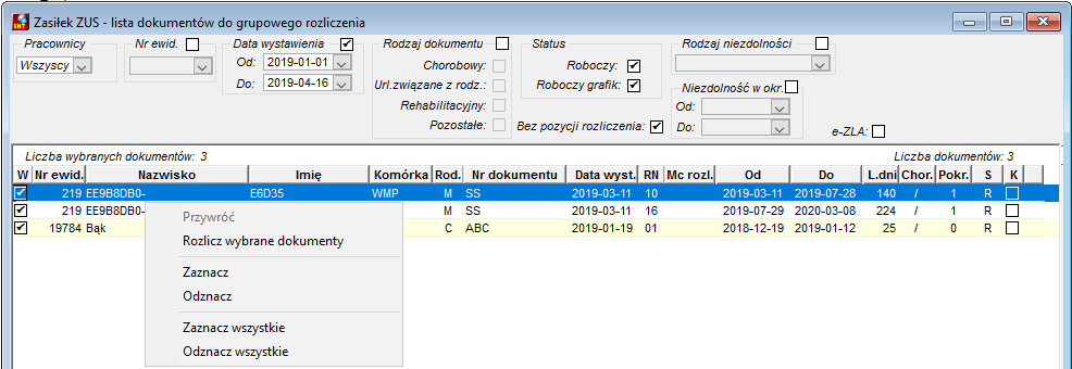 Okno grupowego rozliczania nieobecności rozliczanych w ZUS