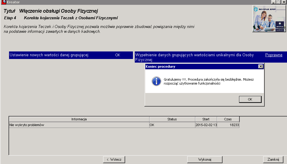 Okno kreatora - informacja o włączeniu obsługi osoby fizycznej