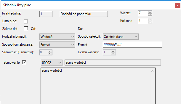 Okno Edycji raportów Właściwości elementu raportu->Składnik listy płac