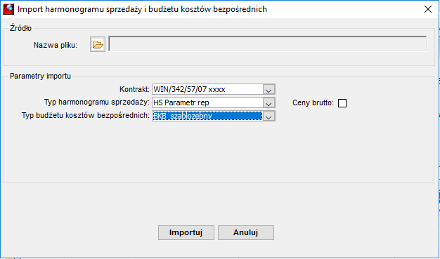 Import harmonogramu sprzedaży i budżetu kosztów bezpośrednich