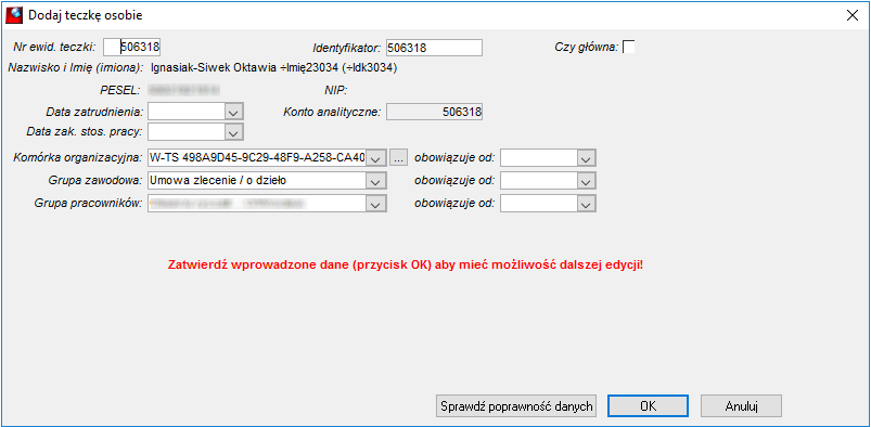 Okno dodawania nowej teczki