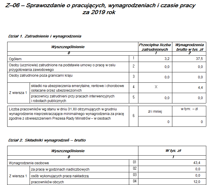 Fragment raportu Dane do sprawozdania Z-06