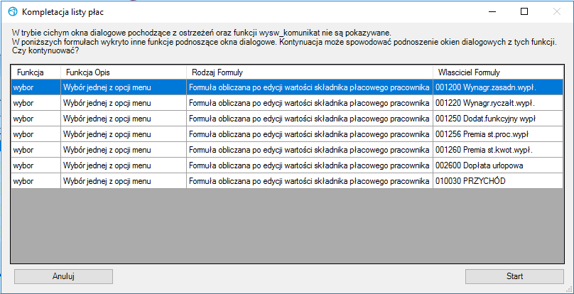 Informacja o funkcjach aktywnych w formułach na liście płac