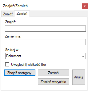 Okno Edycja formuł – zamiana tekstów