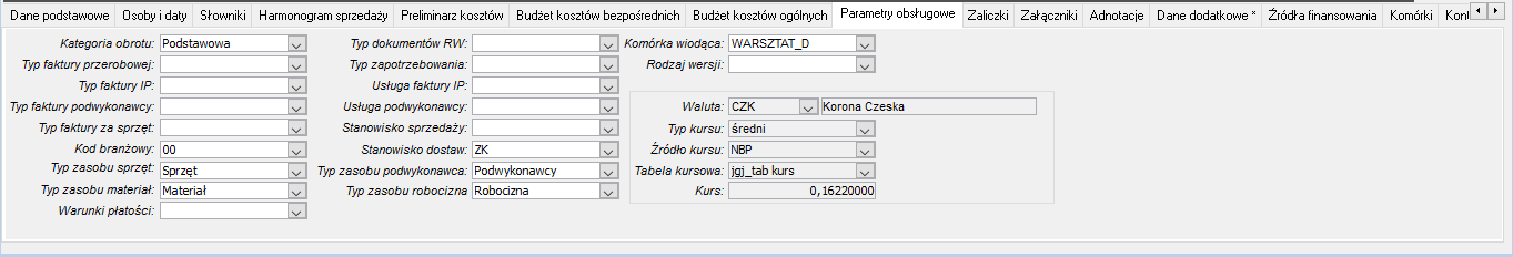 Projekt/Kontrakt – zakładka Parametry obsługowe