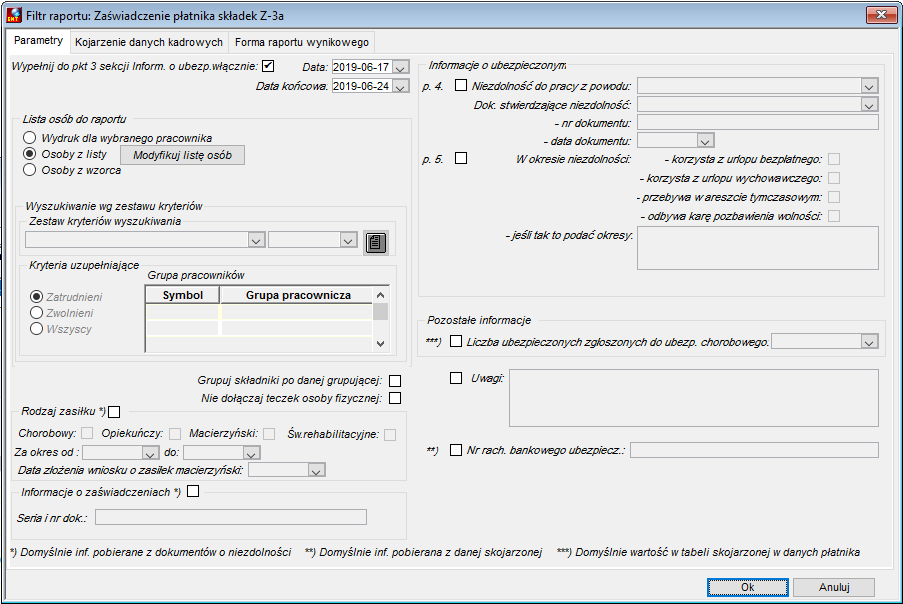 Okno uruchomienia raportu Z-3a - zakładka Parametry