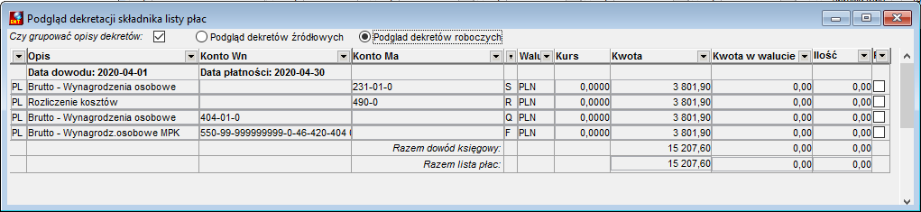 Okno Podgląd dekretu dla składnika