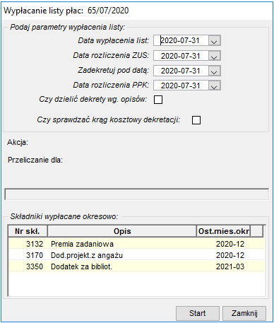 Okno edycji parametru daty do składników wypłacanych okresowo po uruchomieniu wypłacania list