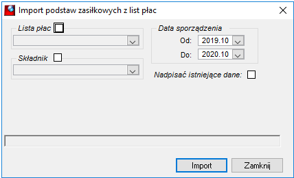 Okno Import podstaw zasiłkowych z list płac Okno Import podstaw zasiłkowych z list płac