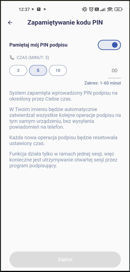 Zapamiętywanie kodu PIN w aplikacji mobilnej Zapamiętywanie kodu PIN w aplikacji mobilnej