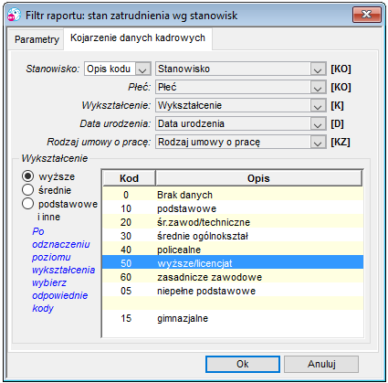 Kojarzenie danych kadrowych do raportu Zatrudnienie wg stanowisk