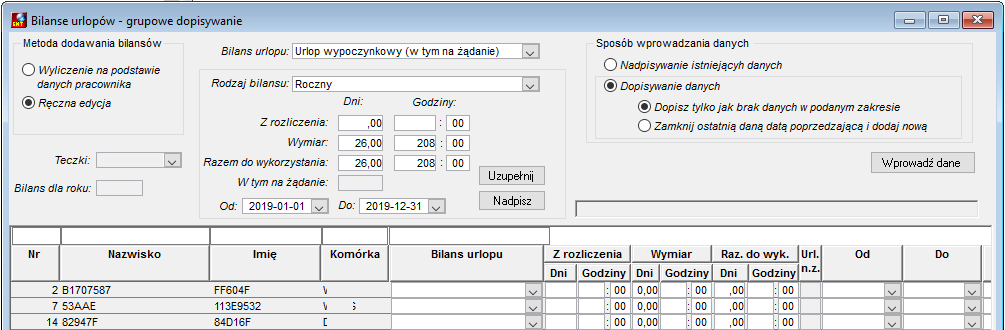 Fragment okna grupowego dodawania bilansów urlopów – parametry ręcznej edycji danych