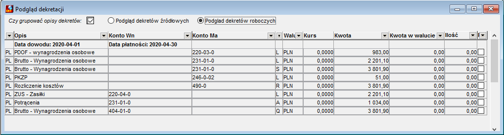 Okno podgląd dekretu dla pracownika