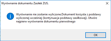 Komunikat o braku wyrównania z powodu kontynuacji podstawy z dokumentu wcześniejszego