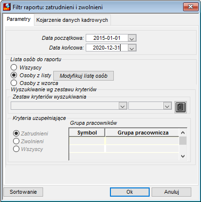 Zakładka Parametry raportu Zatrudnieni i zwolnieni