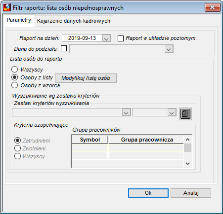 Zakładka Parametry raportu Niepełnosprawni
