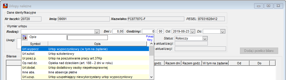 Okno Urlopy należne - dodawanie wymiaru urlopu