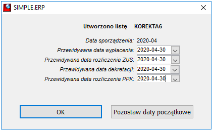 Informacja o inicjalnych datach listy korekta Informacja o inicjalnych datach listy korekta