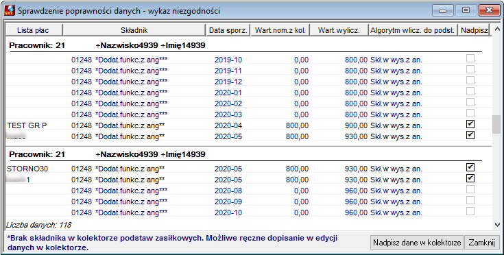 Wykaz niezgodności danych do wyliczania podstaw zasiłkowych