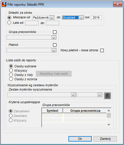 Okno uruchomienia raportów ze składkami na PPK