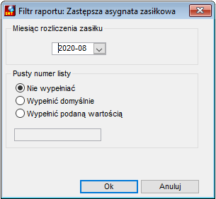 Okno filtrowania dla raportu Zastępcza asygnata zasiłkowa Z-7