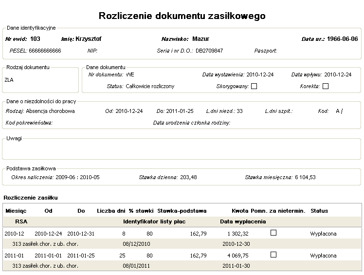 Przykładowy raport Rozliczenie dokumentu zasiłkowego