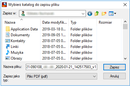 Okno wyboru katalogu do zapisu do pliku PDF pełnego raportu PIT