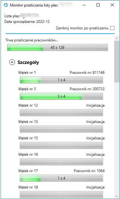 Monitor przeliczania listy płac w trakcie przeliczania