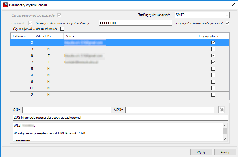 Okno Parametry wysyłki e-mail