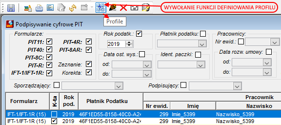 Widok fragmentu okna Podpisywanie cyfrowe PIT - wywołanie funkcji definiowania profilu Widok fragmentu okna Podpisywanie cyfrowe PIT - wywołanie funkcji definiowania profilu