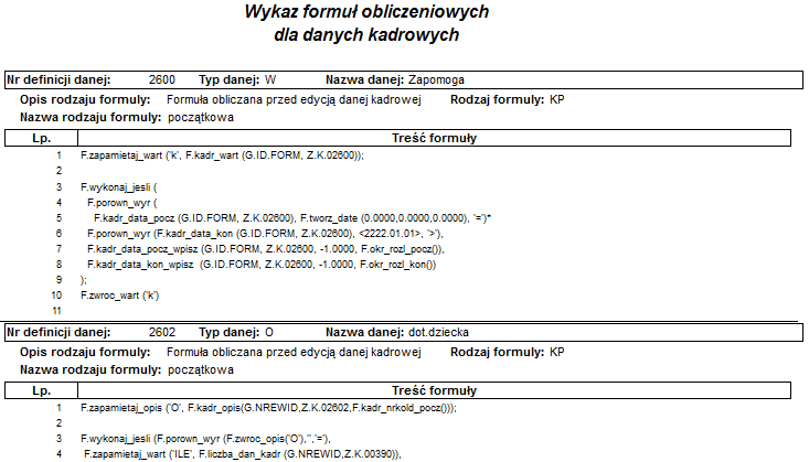 Fragment raportu Wykaz formuł obliczeniowych dla danych kadrowych