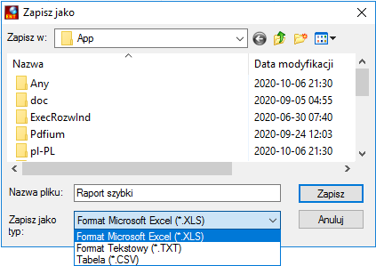 Okno Zapis do pliku raportu szybkiego