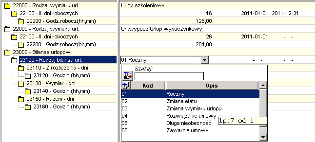 Drzewko danych do wprowadzania bilansu urlopu