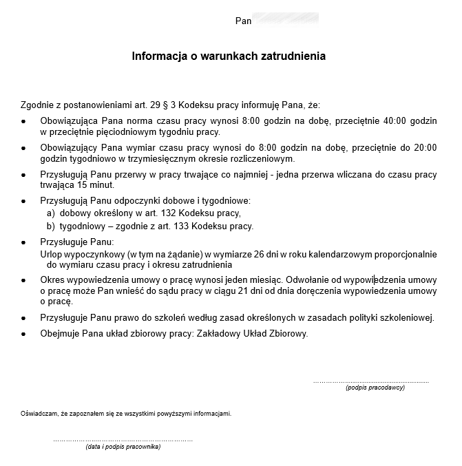 Przykładowy raport Informacja o warunkach zatrudnienia