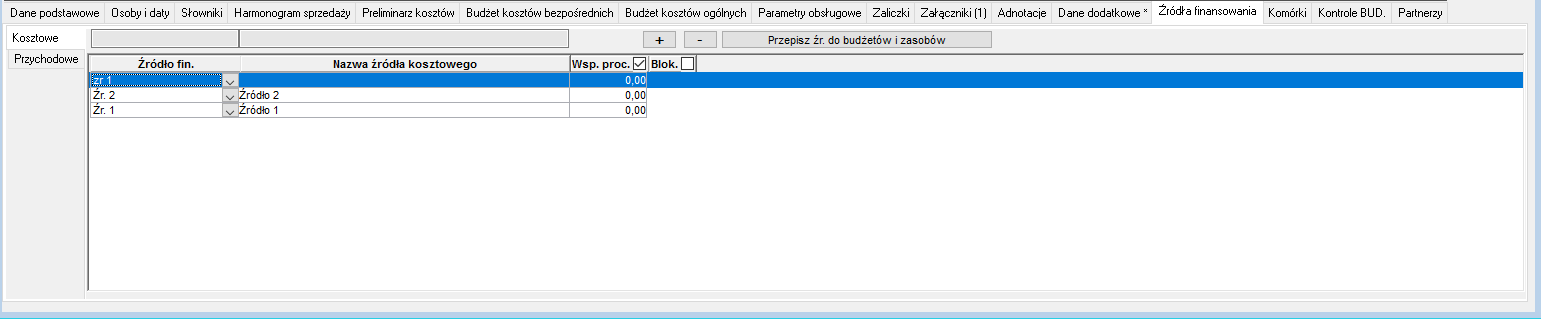Projekty/Kontrakty – zakładka Źródła Finansowania