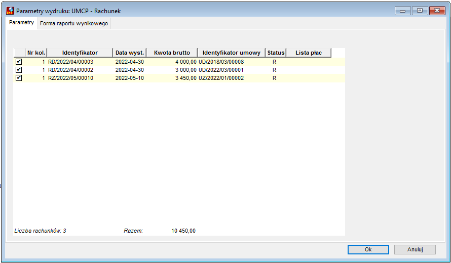 Parametry wydruku rachunków do UMCP