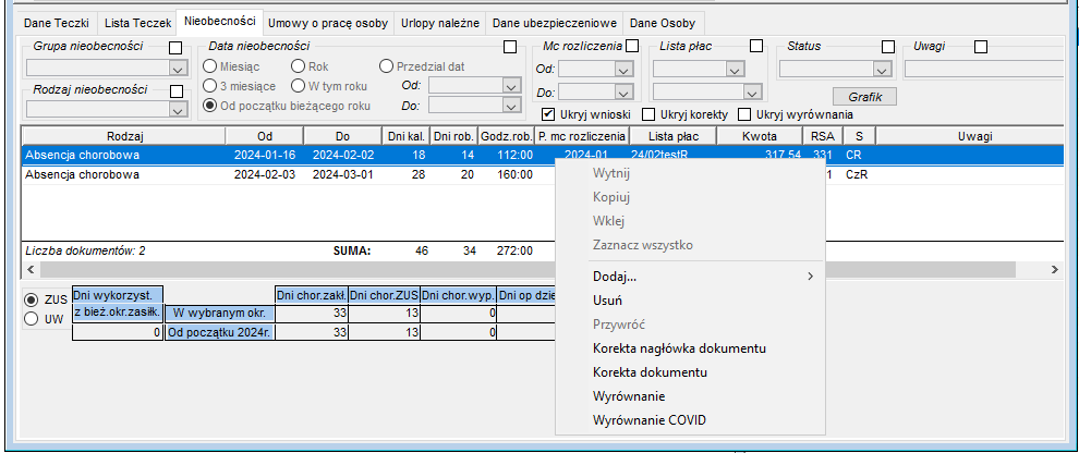 Dane osobowe - widok okna w wersji nadzorowanej - zakładka Nieobecności