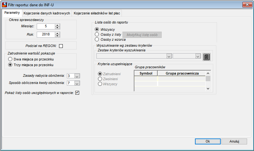 Filtr uruchomienia raportu Dane do informacji INF-U - zakładka Parametry