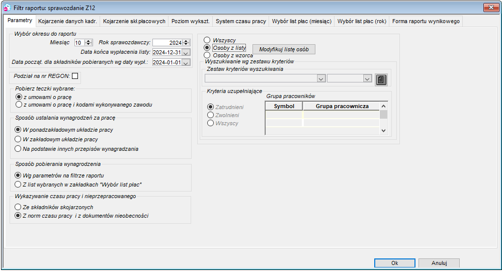 Okno Parametry raportu dane do sprawozdania Z-12