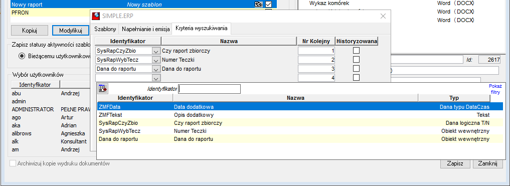 Okno definiowania raportu - zakładka Kryteria wyszukiwania